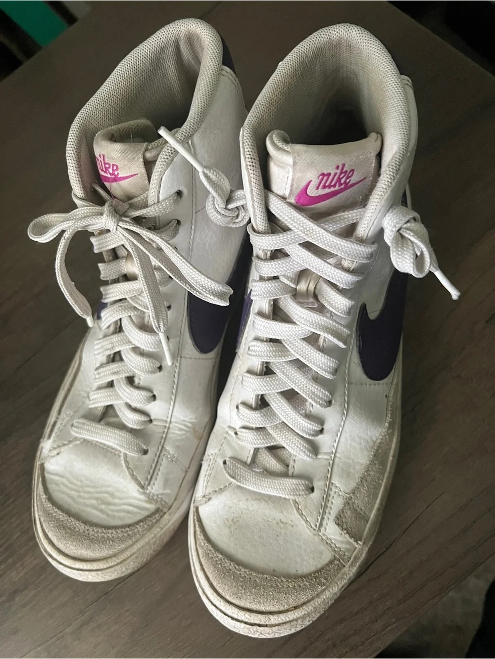 Nike Women's White High-Top Sneakers with Purple Swoosh and Pink Nike Script